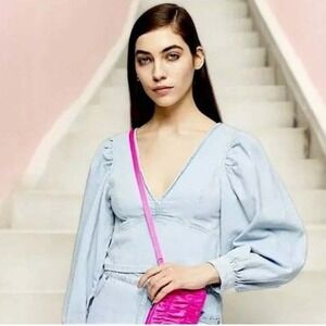 Topshop Denim Crop Top Puff Sleeve Long Sleeve V-Neck Blouse, Size 8